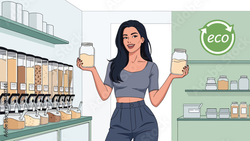 Woman shopping with reusable glass jars at a bulk food refill store. Perfect for plastic-free lifestyle design, youth sustainability campaigns, and eco education