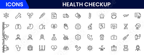 Health Checkup web icons in line style. Medicine, check up, doctor, dentistry, pharmacy, lab, scientific discovery, collection. Vector illustration.