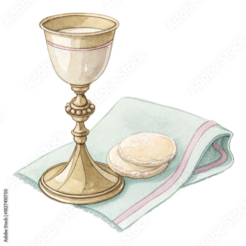 Elegant chalice and wafers for spiritual communion, symbolizing faith and tradition, perfect for religious publications and designs, evokes peace and reflection