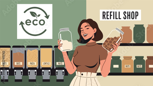 Woman shopping with reusable glass jars at a bulk food refill store. Perfect for plastic-free lifestyle design, youth sustainability campaigns, and eco education