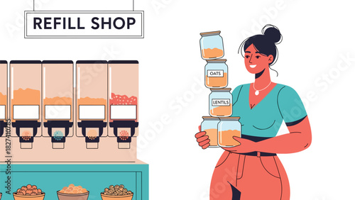 Woman shopping with reusable glass jars at a bulk food refill store. Perfect for plastic-free lifestyle design, youth sustainability campaigns, and eco education