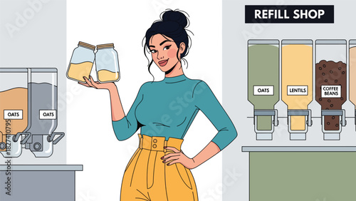 Woman shopping with reusable glass jars at a bulk food refill store. Perfect for plastic-free lifestyle design, youth sustainability campaigns, and eco education