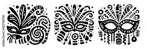 Three Decorative Carnival Masks in Black and White.