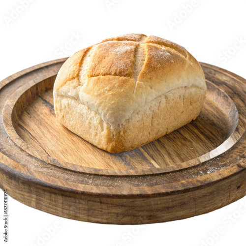 Fresh baked bread roll on rustic wooden board, ideal for breakfast sandwiches or bakery promotions, conveying warmth and simple pleasures for the food industry