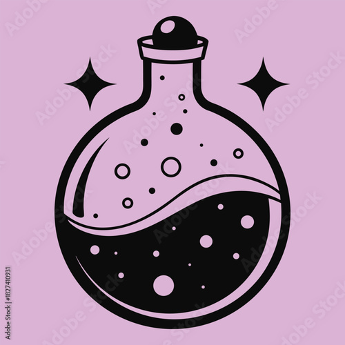 Black Potion Bottle with Stars on Pink Background liquid