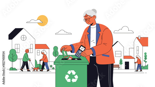 Senior responsibly recycling old electronics at a drop-off point. Suitable for technology waste education, eco-friendly disposal campaigns, and sustainability visuals