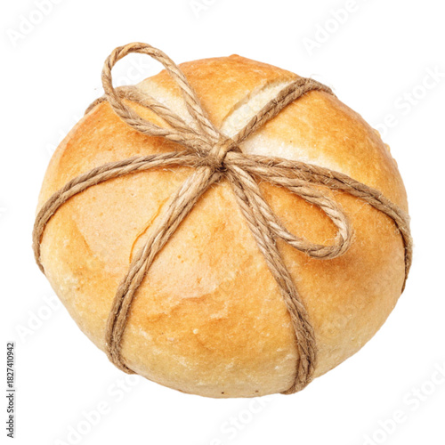Artisan bread roll tied with rustic twine, a bakery fresh delight perfect for gourmet sandwiches and culinary creations, evoking warmth and homemade goodness