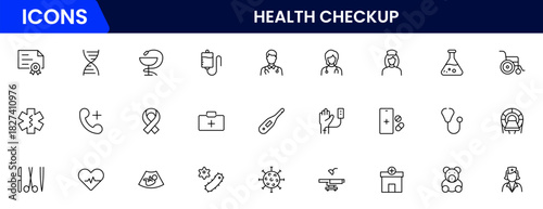 Health Checkup web icons in line style. Medicine, check up, doctor, dentistry, pharmacy, lab, scientific discovery, collection. Vector illustration.