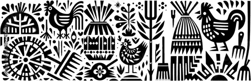 Black and White Folk Art Illustration of Rural Life.