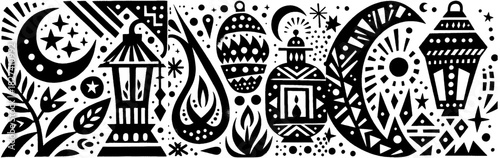 Ramadan Kareem Black and White Illustration with Lanterns and Crescent Moons.