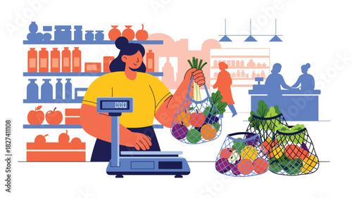 Person purchasing fresh food using reusable mesh produce bags. Ideal for plastic-free shopping, zero waste routines, and eco consumer awareness