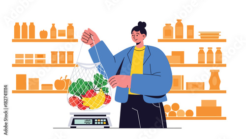 Person purchasing fresh food using reusable mesh produce bags. Ideal for plastic-free shopping, zero waste routines, and eco consumer awareness