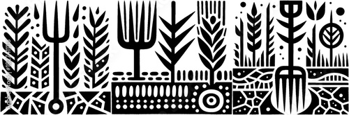 Abstract agricultural pattern with pitchforks and wheat stalks.