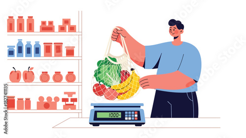 Person purchasing fresh food using reusable mesh produce bags. Ideal for plastic-free shopping, zero waste routines, and eco consumer awareness