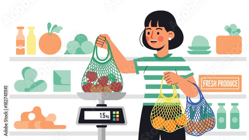 Person purchasing fresh food using reusable mesh produce bags. Ideal for plastic-free shopping, zero waste routines, and eco consumer awareness