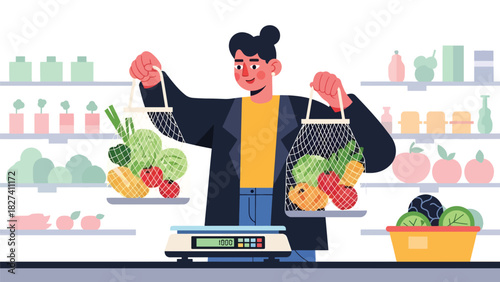 Person purchasing fresh food using reusable mesh produce bags. Ideal for plastic-free shopping, zero waste routines, and eco consumer awareness