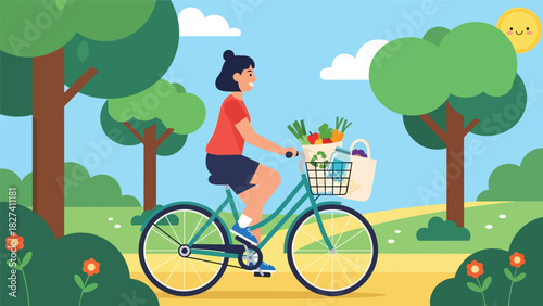 Woman riding a bicycle with a basket full of reusable groceries, promoting eco-friendly commuting and zero waste shopping habits