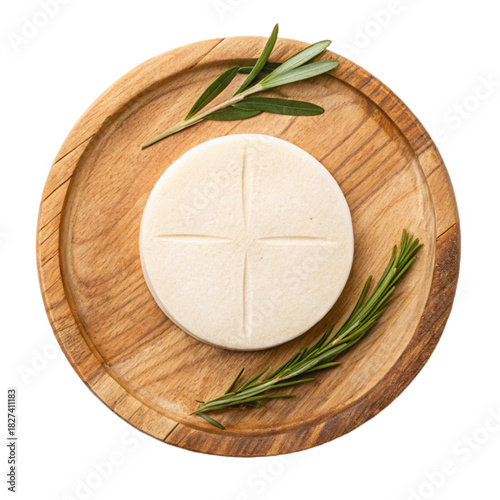 Elegant host wafer with rosemary sprigs on rustic wood serving board, a symbol of faith, communion, and tradition for religious and spiritual themes
