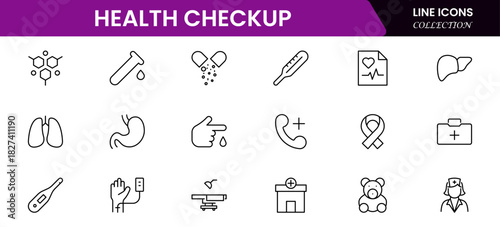 Health Checkup web icons in line style. Medicine, check up, doctor, dentistry, pharmacy, lab, scientific discovery, collection. Vector illustration.