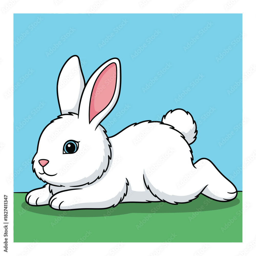 Obraz premium Cute White Cartoon Bunny Rabbit Lying Down on Green Grass with Blue Background