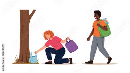 Group participating in community cleanup collecting waste in reusable bags. Ideal for environmental activism campaigns and zero waste awareness projects