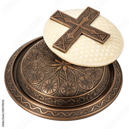 Intricate bronze cross resting atop a decorative religious offering plate, evoking tradition, faith, and a sense of solemn respect, perfect for spiritual design