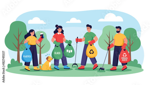 Group participating in community cleanup collecting waste in reusable bags. Ideal for environmental activism campaigns and zero waste awareness projects