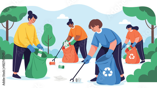 Group participating in community cleanup collecting waste in reusable bags. Ideal for environmental activism campaigns and zero waste awareness projects
