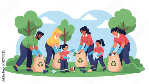 Group participating in community cleanup collecting waste in reusable bags. Ideal for environmental activism campaigns and zero waste awareness projects