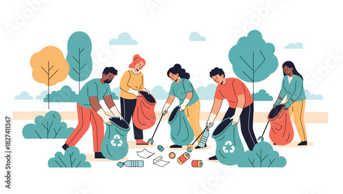 Group participating in community cleanup collecting waste in reusable bags. Ideal for environmental activism campaigns and zero waste awareness projects