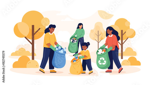 Group participating in community cleanup collecting waste in reusable bags. Ideal for environmental activism campaigns and zero waste awareness projects