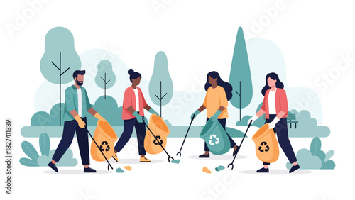 Group participating in community cleanup collecting waste in reusable bags. Ideal for environmental activism campaigns and zero waste awareness projects