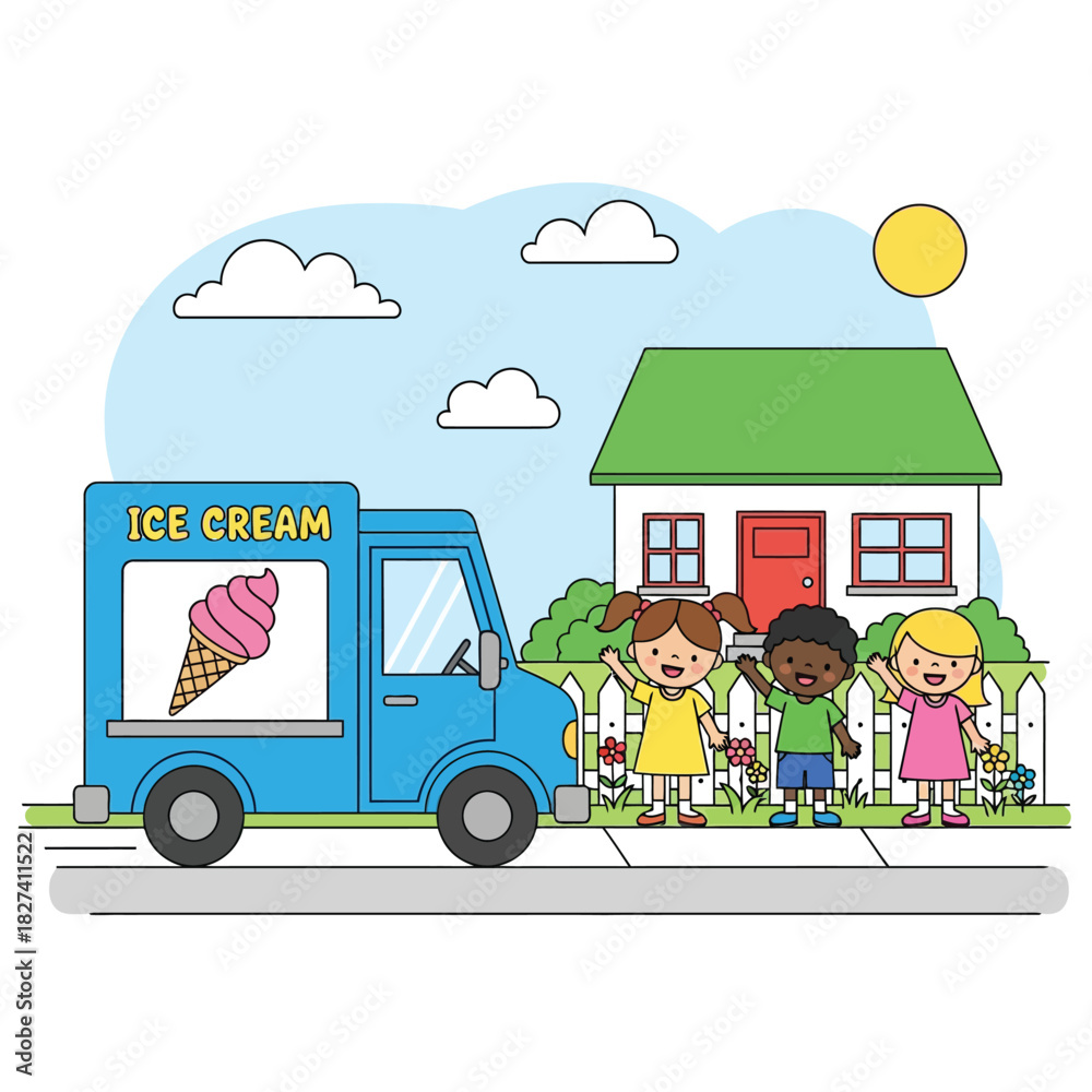 Fototapeta premium Happy Children Waving at an Ice Cream Truck in Front of a House on a Sunny Day
