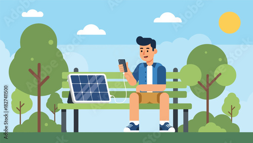 Man using solar powered charger outdoors while practicing sustainable zero waste living. Ideal for renewable energy education and eco lifestyle content
