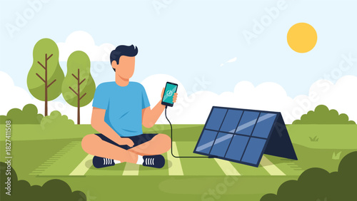Man using solar powered charger outdoors while practicing sustainable zero waste living. Ideal for renewable energy education and eco lifestyle content