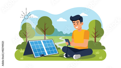 Man using solar powered charger outdoors while practicing sustainable zero waste living. Ideal for renewable energy education and eco lifestyle content