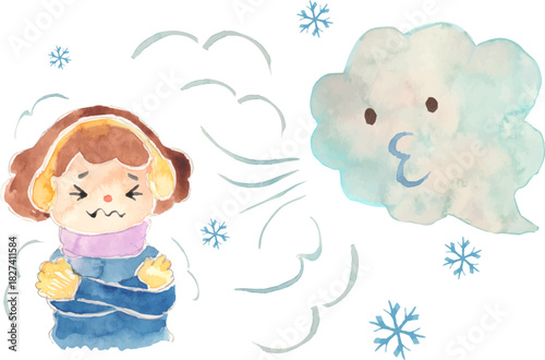 北風に吹かれ、寒さを感じる子どものイラスト　ベクター