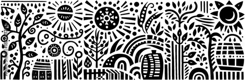 Whimsical Black and White Landscape with Sun Trees and Structures.