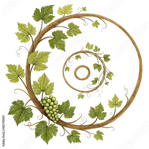 Elegant grapevine spiral with fresh grapes, perfect for wine labels, vineyard branding, or sophisticated food packaging designs and artistic invitations