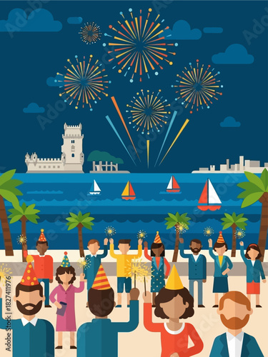 Diverse team celebrates success, a major milestone for their innovative digital business model, with fireworks at a vibrant waterfront party