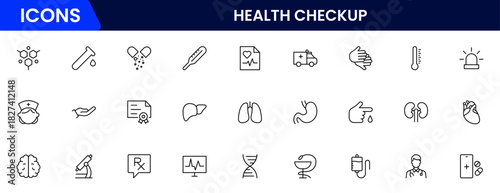 Health Checkup web icons in line style. Medicine, check up, doctor, dentistry, pharmacy, lab, scientific discovery, collection. Vector illustration.
