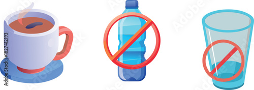 Isometric Hot Beverage and Liquid Restriction Prohibition Icon Set
