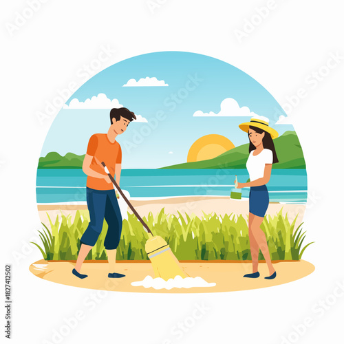 Two People Cleaning Beach Together Under Sun.