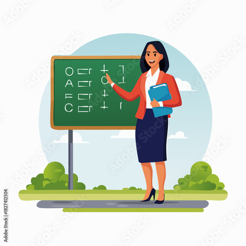 Female teacher giving chalkboard lesson outdoors.
