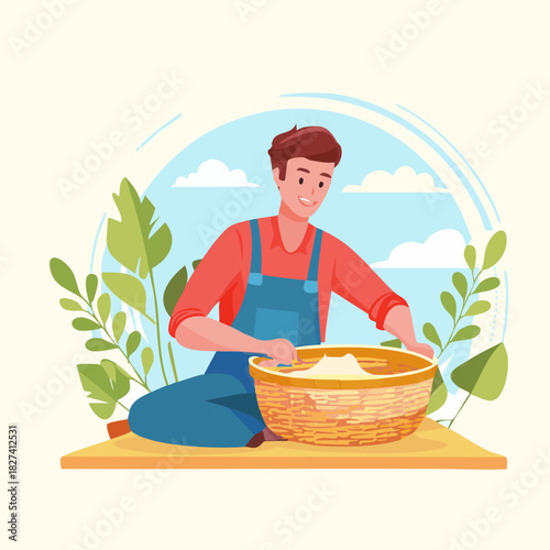 Male farmer harvesting produce with wicker basket illustration.