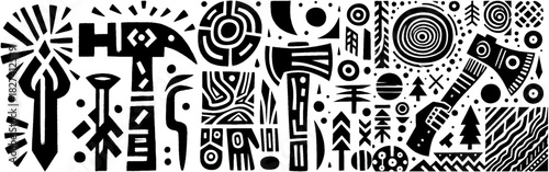 Woodcut Style Illustration of Carpentry and Nature Elements.