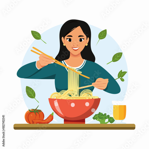 Young Woman Eating Noodles with Chopsticks.