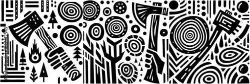 Abstract Woodcut Illustration of Axes Trees and Wood Rings.