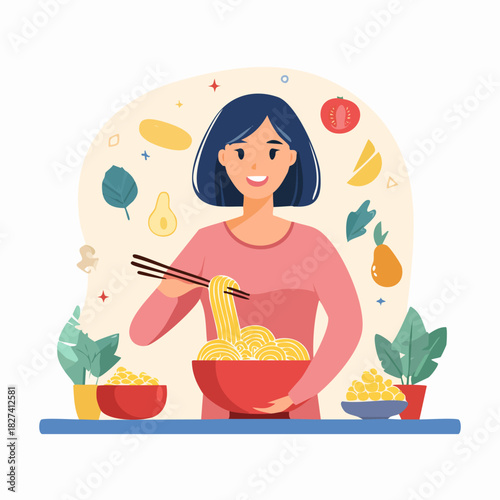 woman cooking noodles with chopsticks in kitchen.