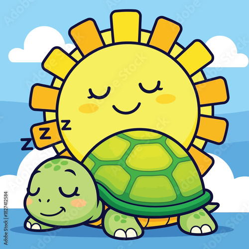 Cute cartoon turtle sleeping under a sleeping sun vector illustration. Adorable green animal character napping peacefully in nature with closed eyes and blue sky background.